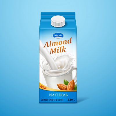 Isolated almond milk in paper package with liquid splash and nuts, natural drink branding on carton container with lid, advertising of vegan liquid for nutrition. Dairy packaging and advertising